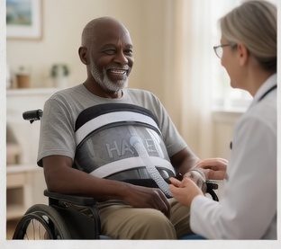 Patient wearing cuirass with clinician