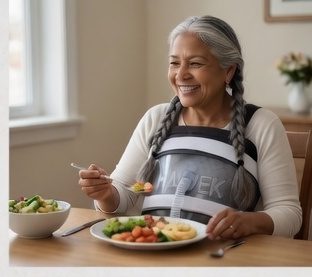 Patient wearing cuirass during meal