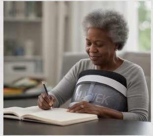 Patient wearing cuirass writing