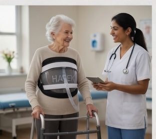 Patient wearing cuirass with care team