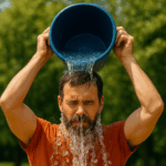 Image of a man in orange dumping a bucket of ice over his head for ALS awareness support