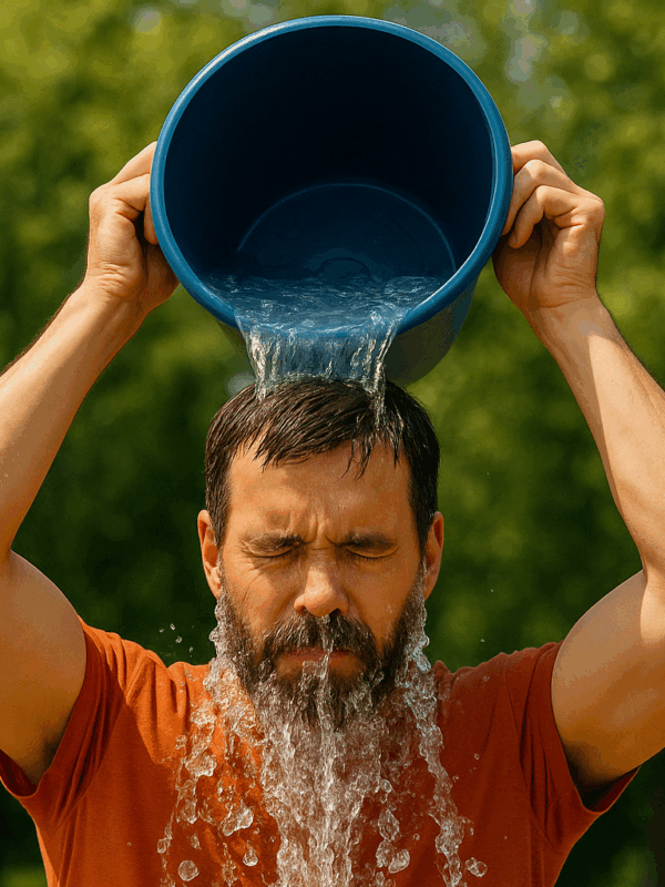 Image of a man in orange dumping a bucket of ice over his head for ALS awareness support